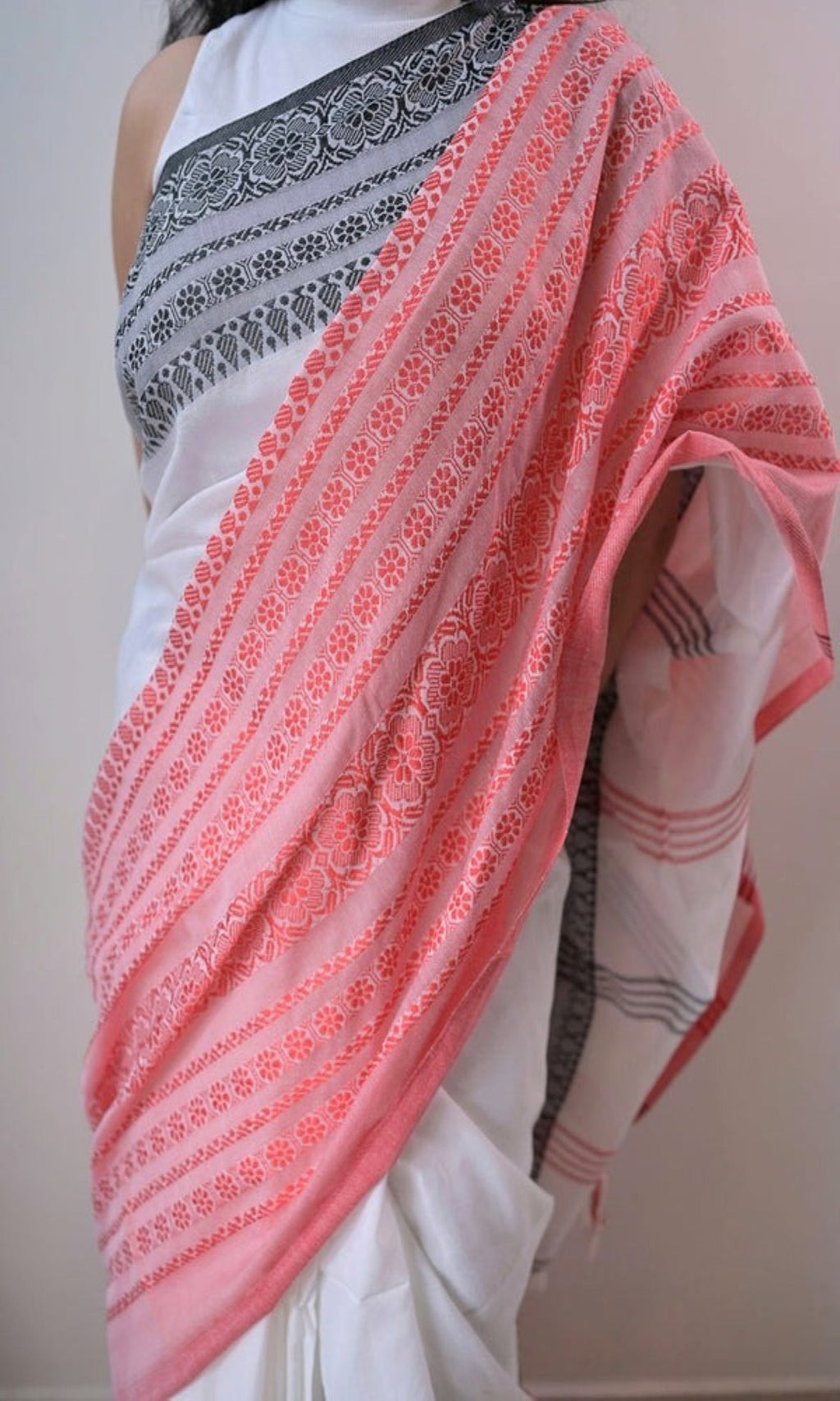 Piyari Fashion Handloom White Cotton Begampuri Saree | Grocsy