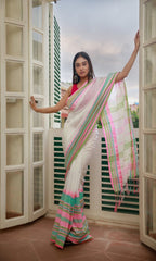 Piyari Fashion Handloom White Cotton Begampuri Saree | Grocsy