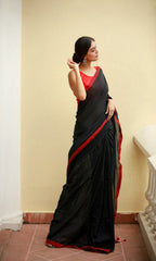 Piyari Fashion Handloom Black Cotton Saree | Grocsy