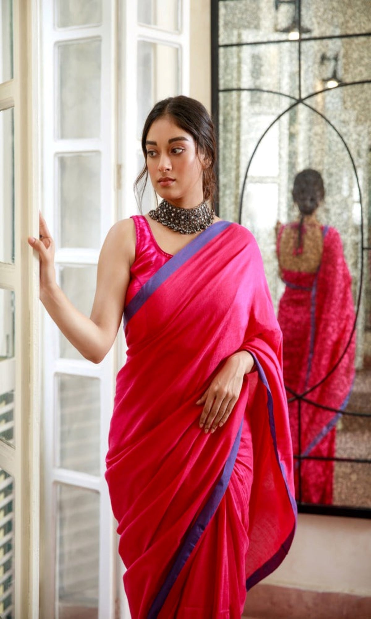 Piyari Fashion Handloom Rani Pink Cotton Saree | Grocsy