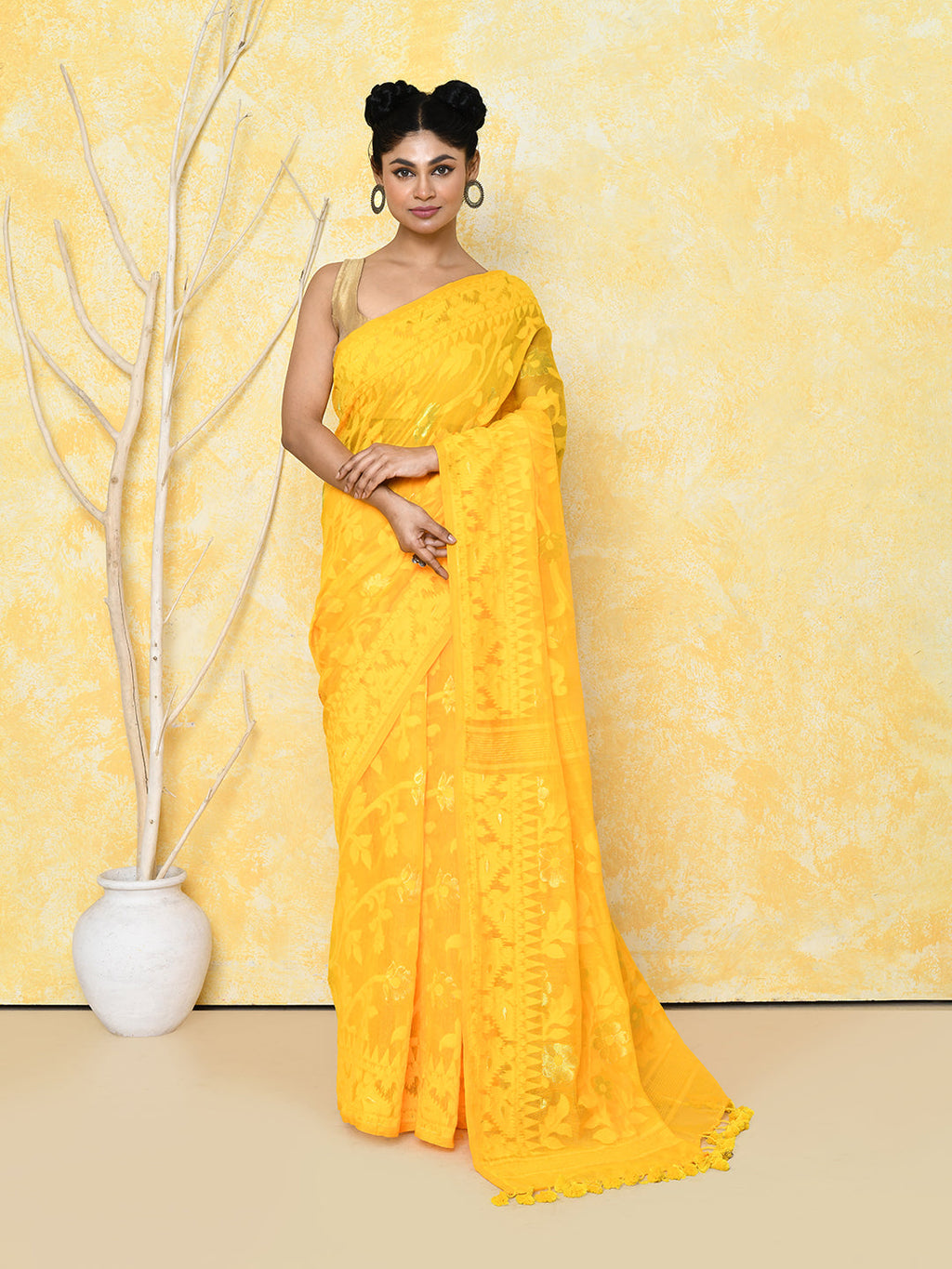 Piyari Fashion Women's Yellow Cotton Silk Jamdani Saree | Grocsy