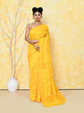 Piyari Fashion Women's Yellow Cotton Silk Jamdani Saree | Grocsy
