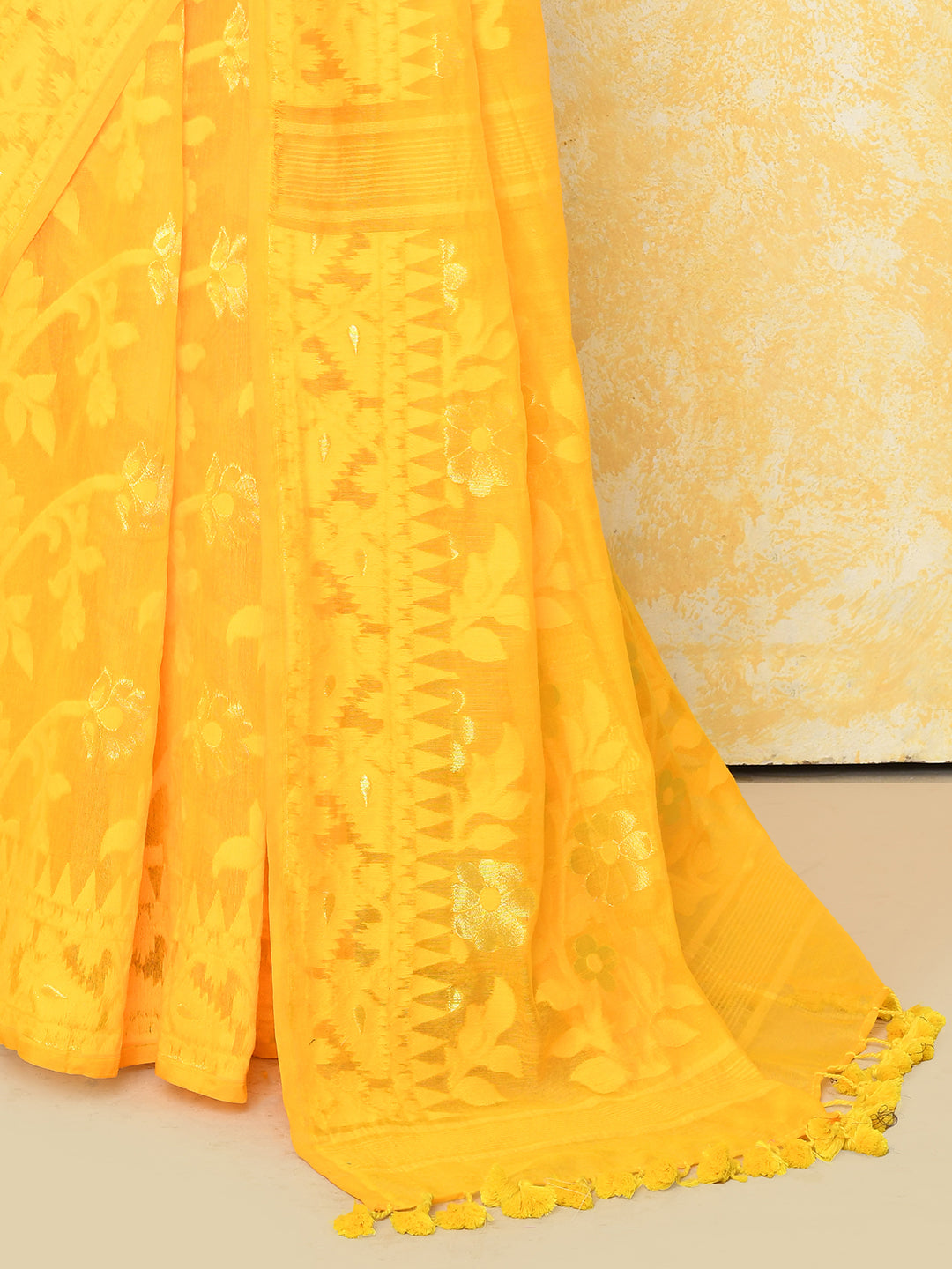 Piyari Fashion Women's Yellow Cotton Silk Jamdani Saree | Grocsy