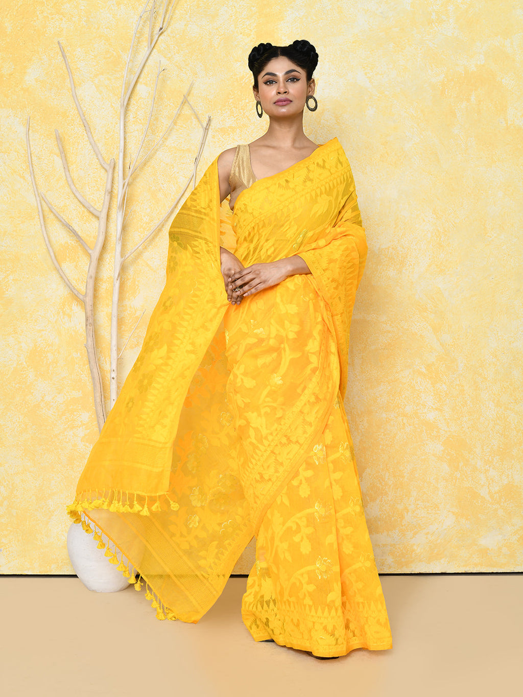 Piyari Fashion Women's Yellow Cotton Silk Jamdani Saree | Grocsy