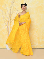 Piyari Fashion Women's Yellow Cotton Silk Jamdani Saree | Grocsy