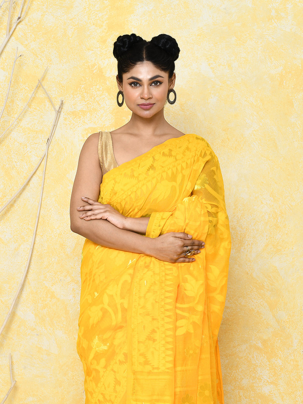 Piyari Fashion Women's Yellow Cotton Silk Jamdani Saree | Grocsy