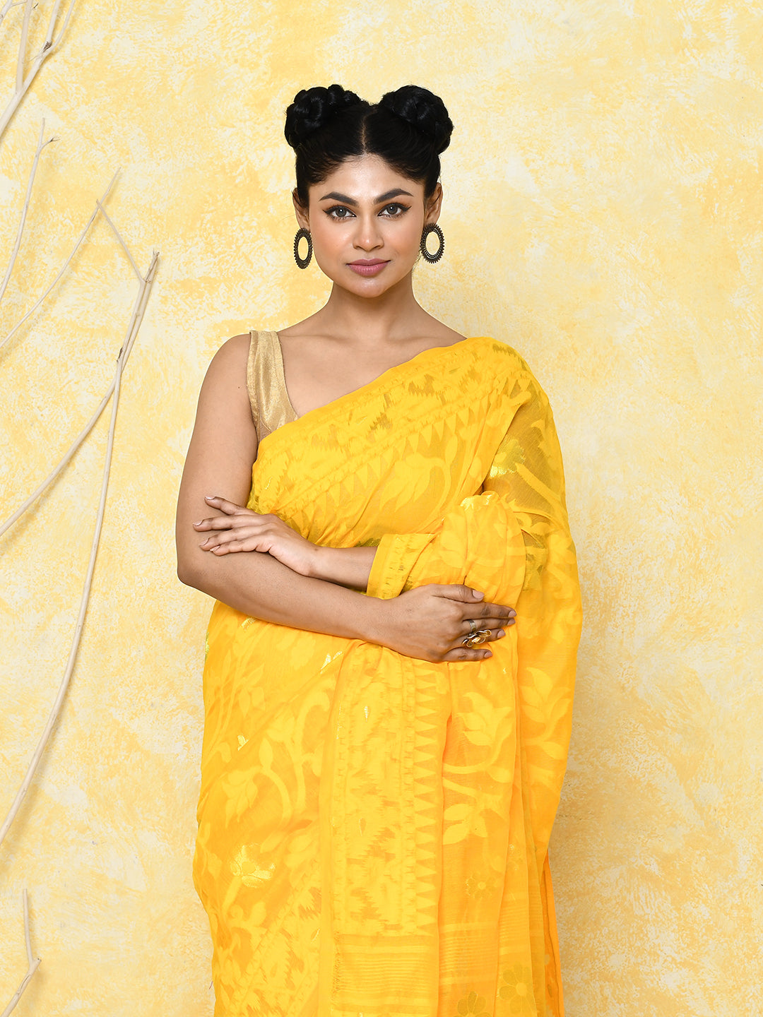 Piyari Fashion Women's Yellow Cotton Silk Jamdani Saree | Grocsy