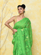 Piyari Fashion Women's Green Cotton Silk Jamdani Saree | Grocsy