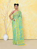 Piyari Fashion Women's Light Turquoise Cotton Silk Jamdani Saree | Grocsy