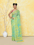 Piyari Fashion Women's Light Turquoise Cotton Silk Jamdani Saree | Grocsy