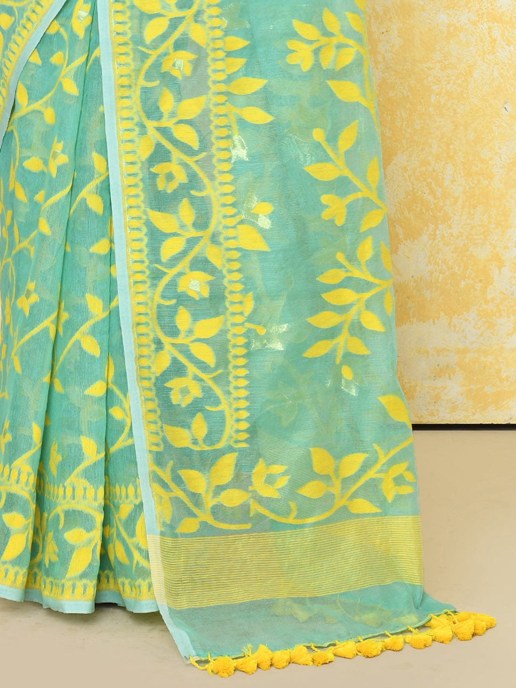 Piyari Fashion Women's Light Turquoise Cotton Silk Jamdani Saree | Grocsy