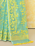 Piyari Fashion Women's Light Turquoise Cotton Silk Jamdani Saree | Grocsy