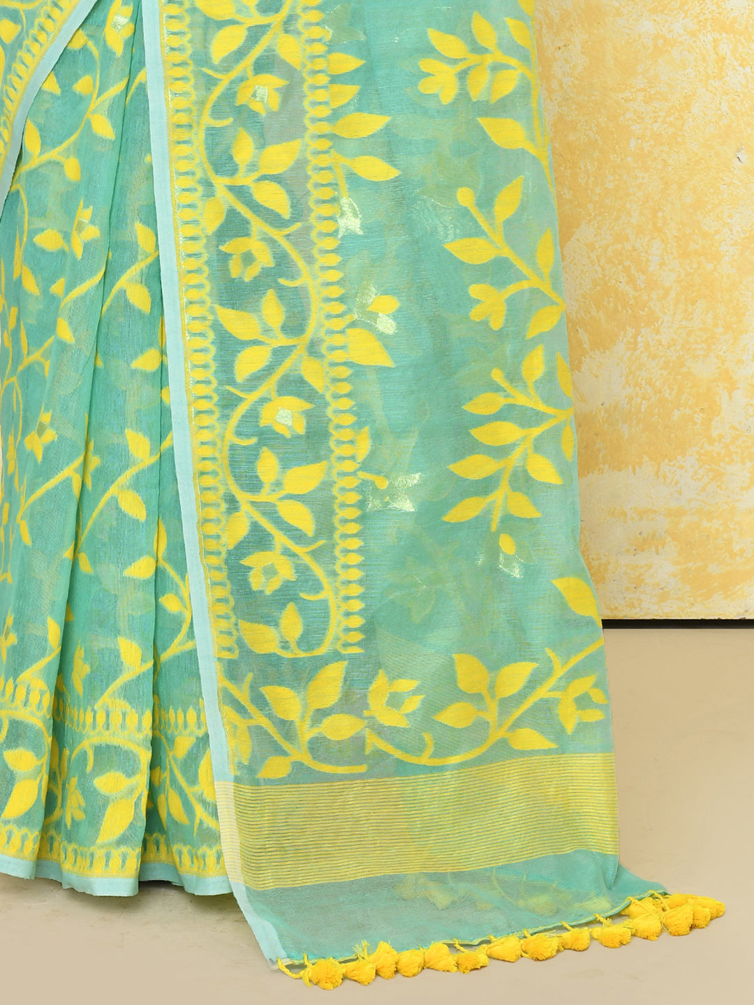 Piyari Fashion Women's Light Turquoise Cotton Silk Jamdani Saree | Grocsy