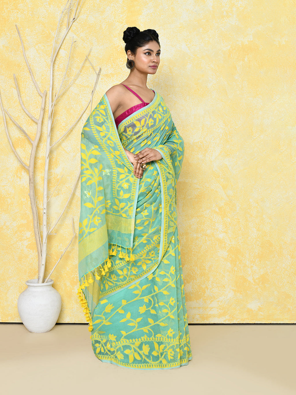 Piyari Fashion Women's Light Turquoise Cotton Silk Jamdani Saree | Grocsy