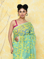 Piyari Fashion Women's Light Turquoise Cotton Silk Jamdani Saree | Grocsy