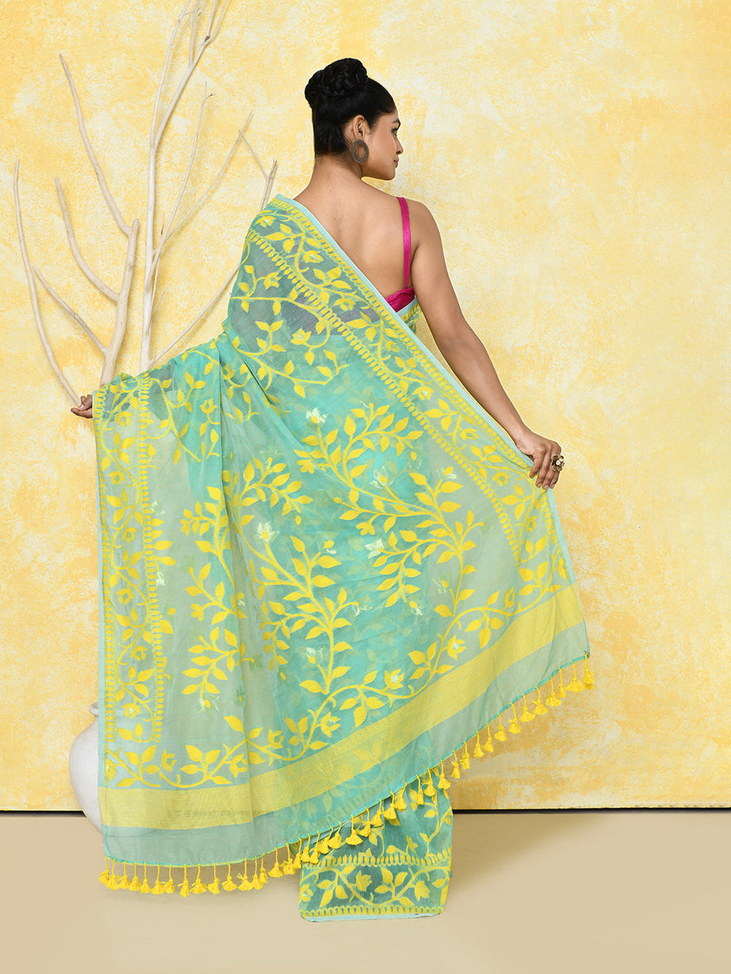Piyari Fashion Women's Light Turquoise Cotton Silk Jamdani Saree | Grocsy
