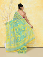 Piyari Fashion Women's Light Turquoise Cotton Silk Jamdani Saree | Grocsy