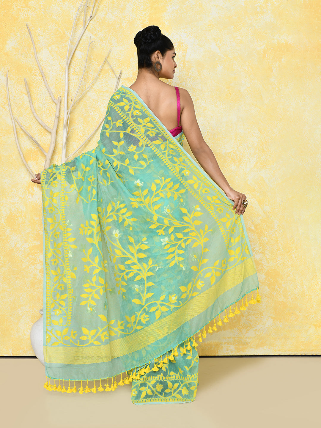 Piyari Fashion Women's Light Turquoise Cotton Silk Jamdani Saree | Grocsy