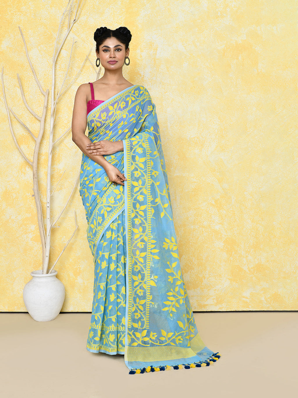 Piyari Fashion Women's Sky Blue Cotton Silk Jamdani Saree | Grocsy