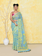 Piyari Fashion Women's Sky Blue Cotton Silk Jamdani Saree | Grocsy