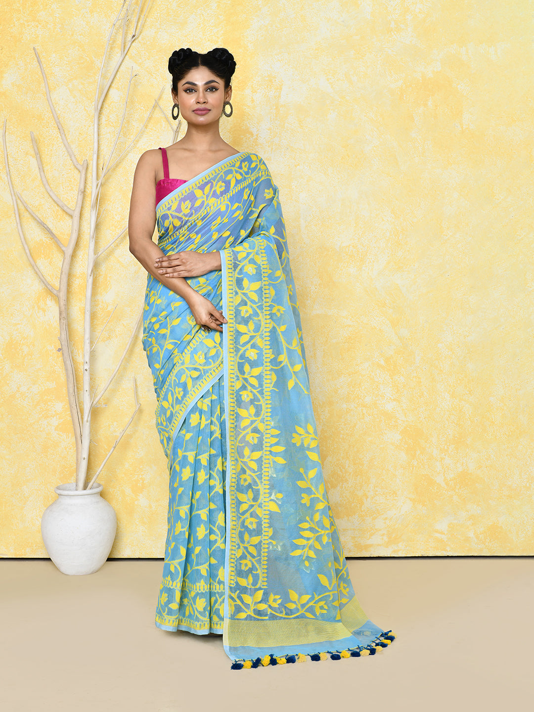 Piyari Fashion Women's Sky Blue Cotton Silk Jamdani Saree | Grocsy