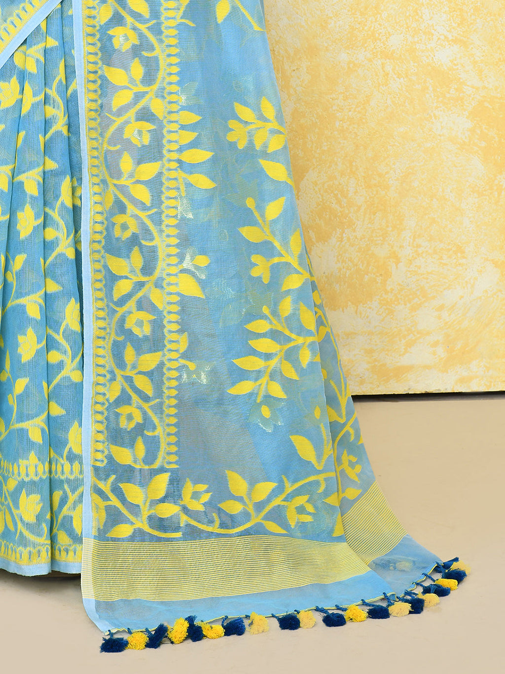 Piyari Fashion Women's Sky Blue Cotton Silk Jamdani Saree | Grocsy
