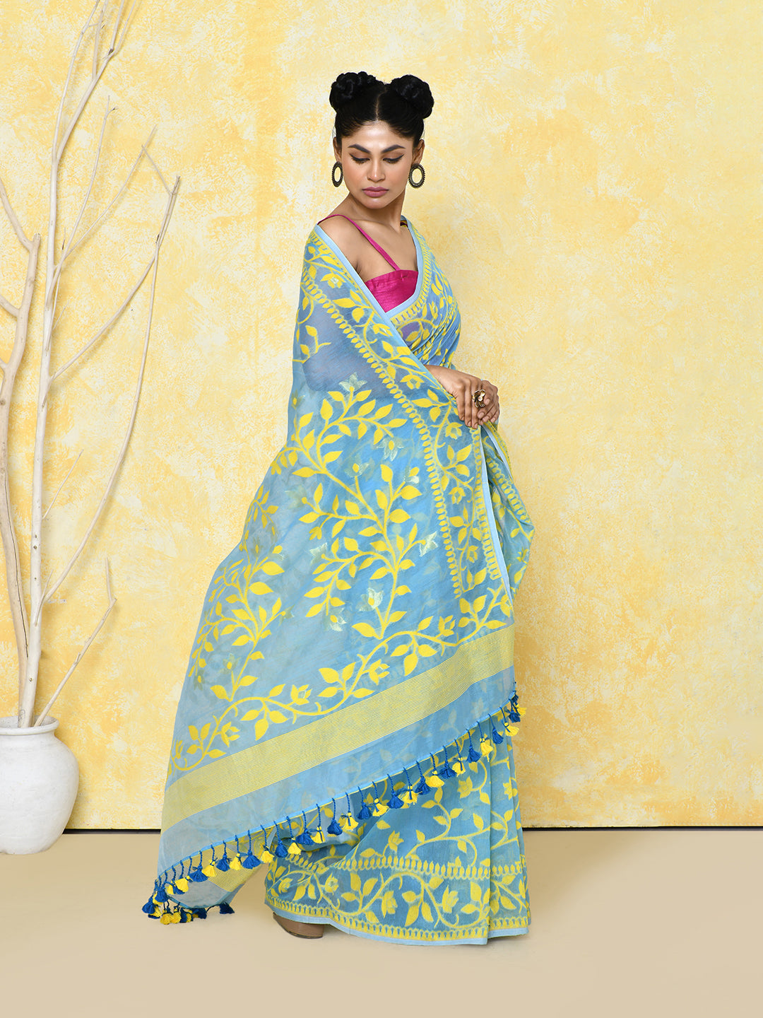Piyari Fashion Women's Sky Blue Cotton Silk Jamdani Saree | Grocsy