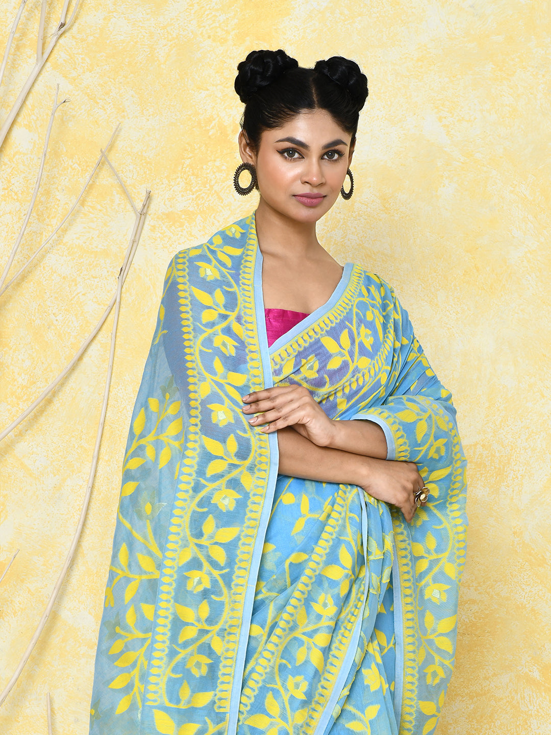 Piyari Fashion Women's Sky Blue Cotton Silk Jamdani Saree | Grocsy