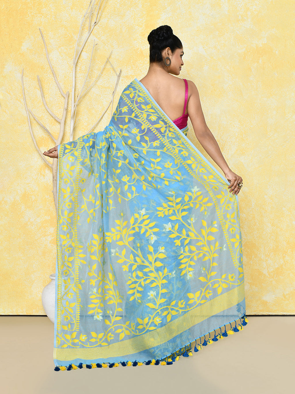 Piyari Fashion Women's Sky Blue Cotton Silk Jamdani Saree | Grocsy