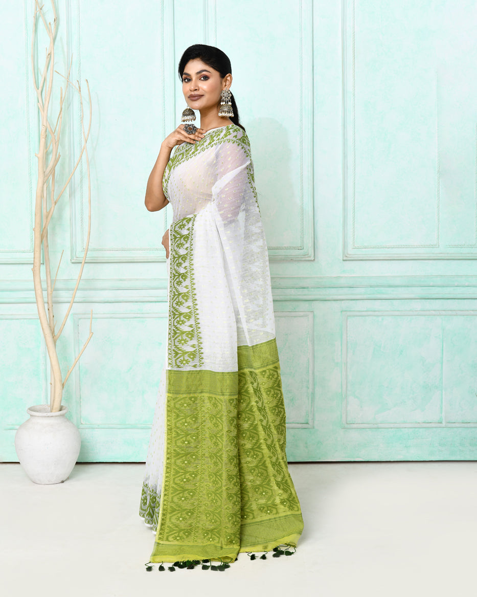 Piyari Fashion Women's White Cotton Silk Jamdani Saree | Grocsy