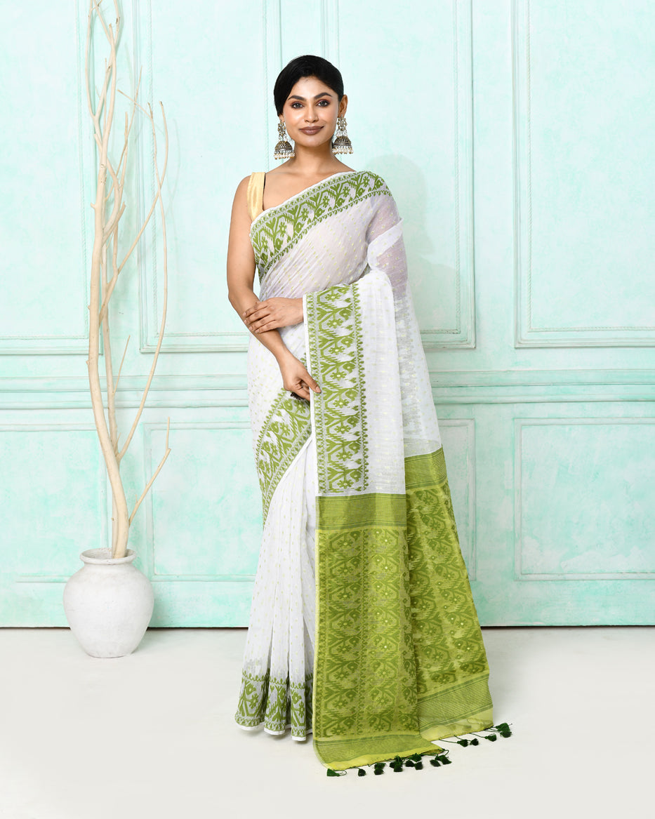 Piyari Fashion Women's White Cotton Silk Jamdani Saree | Grocsy