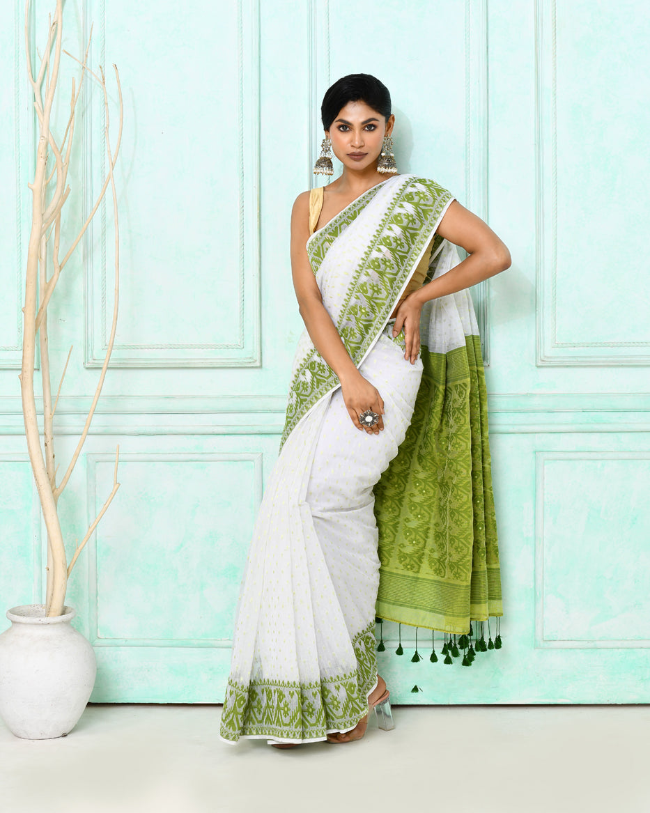 Piyari Fashion Women's White Cotton Silk Jamdani Saree | Grocsy