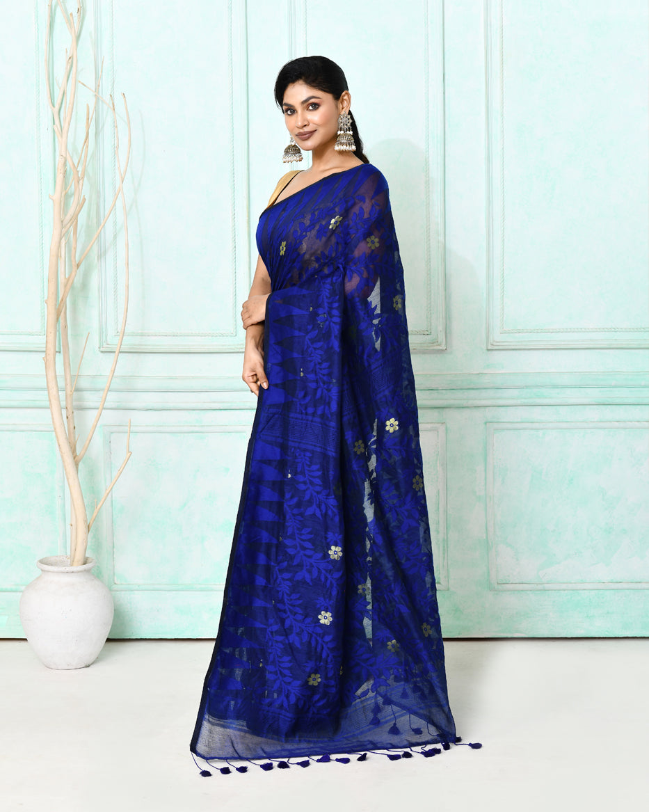 Piyari Fashion Women's Blue Cotton Silk Jamdani Saree | Grocsy