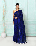 Piyari Fashion Women's Blue Cotton Silk Jamdani Saree | Grocsy