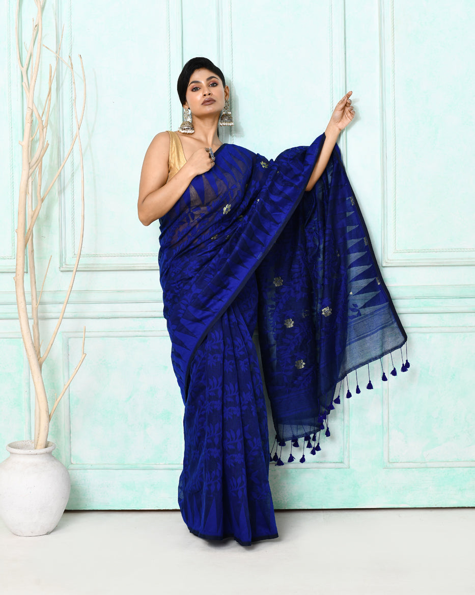 Piyari Fashion Women's Blue Cotton Silk Jamdani Saree | Grocsy
