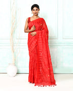 Piyari Fashion Women's Red Cotton Silk Jamdani Saree | Grocsy