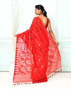 Piyari Fashion Women's Red Cotton Silk Jamdani Saree | Grocsy