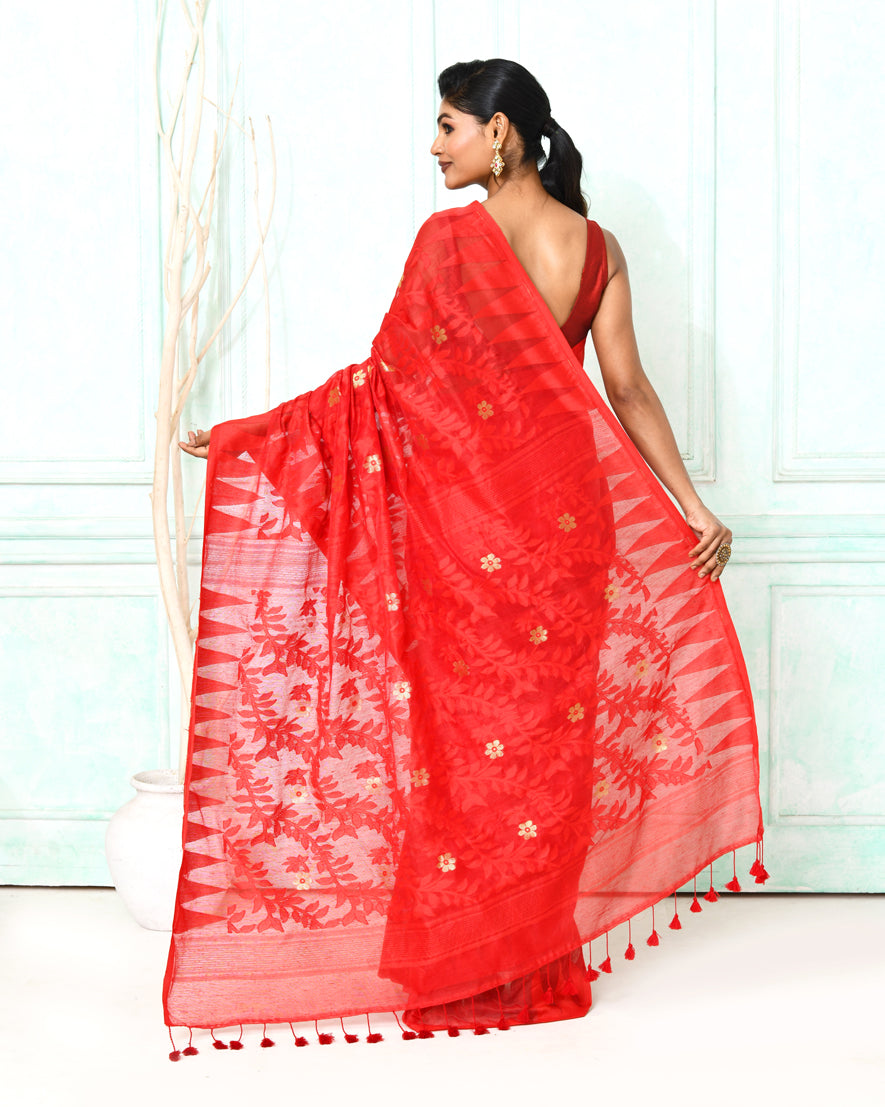 Piyari Fashion Women's Red Cotton Silk Jamdani Saree | Grocsy