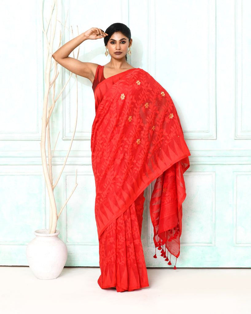 Piyari Fashion Women's Red Cotton Silk Jamdani Saree | Grocsy