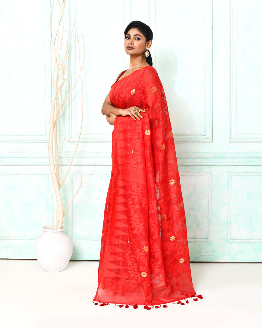 Piyari Fashion Women's Red Cotton Silk Jamdani Saree | Grocsy
