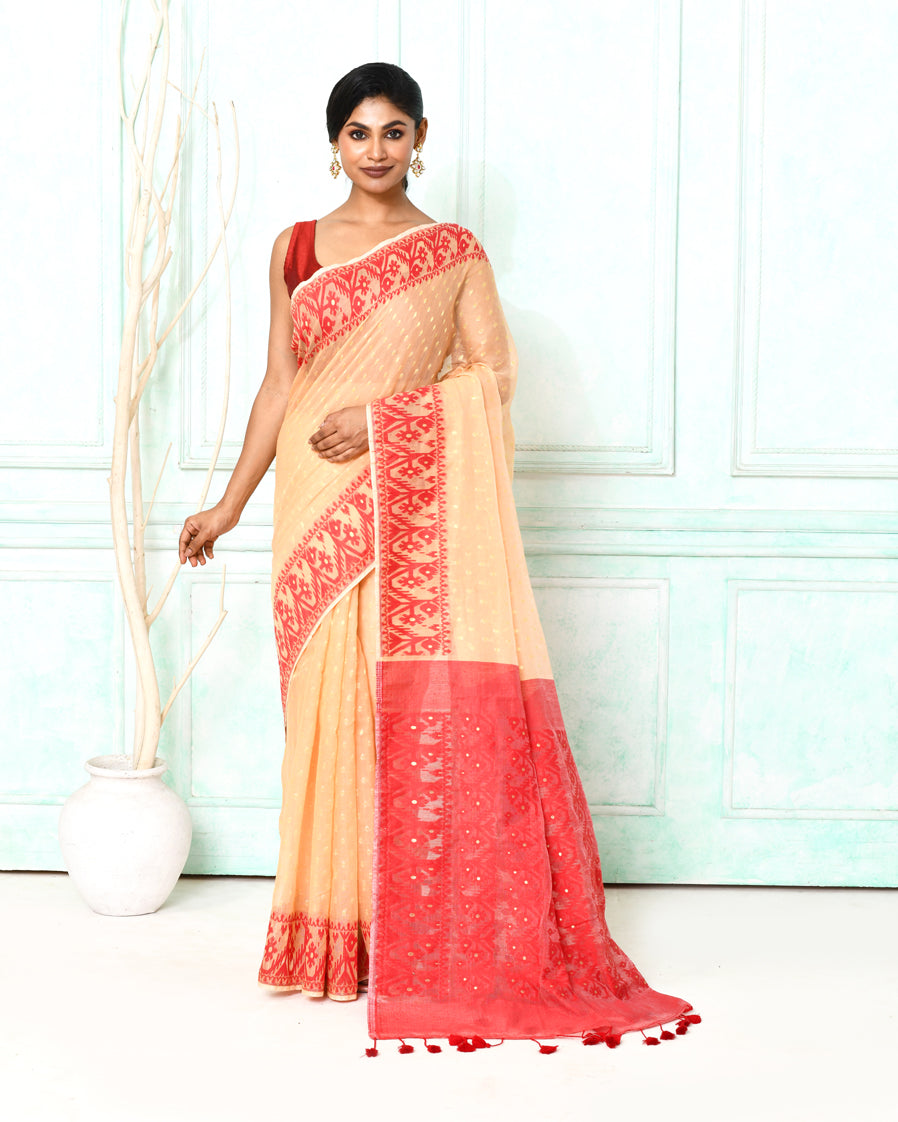 Piyari Fashion Women's Muga Red Cotton Silk Jamdani Saree | Grocsy