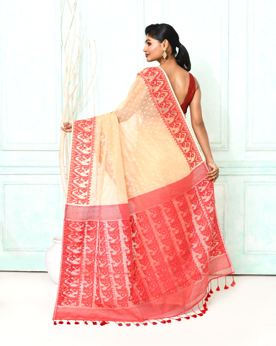 Piyari Fashion Women's Muga Red Cotton Silk Jamdani Saree | Grocsy