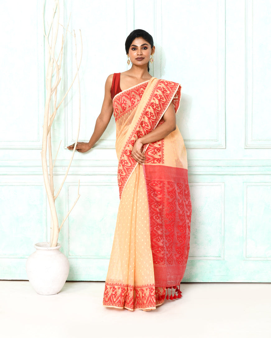 Piyari Fashion Women's Muga Red Cotton Silk Jamdani Saree | Grocsy