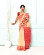 Piyari Fashion Women's Muga Red Cotton Silk Jamdani Saree | Grocsy