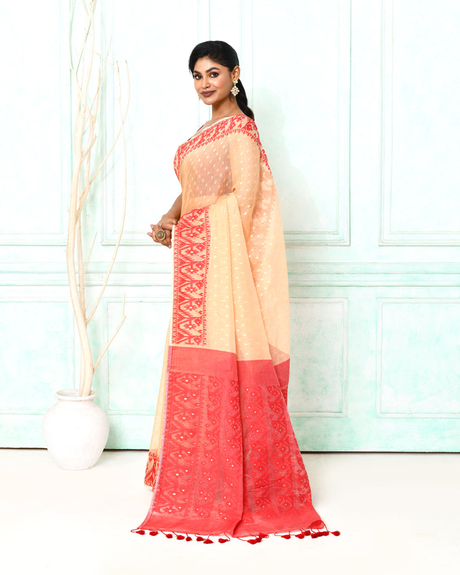 Piyari Fashion Women's Muga Red Cotton Silk Jamdani Saree | Grocsy