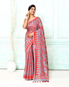 Piyari Fashion Women's Gray Red Cotton Silk Jamdani Saree | Grocsy