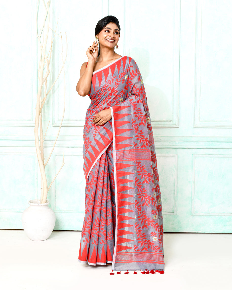 Piyari Fashion Women's Gray Red Cotton Silk Jamdani Saree | Grocsy
