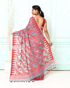 Piyari Fashion Women's Gray Red Cotton Silk Jamdani Saree | Grocsy
