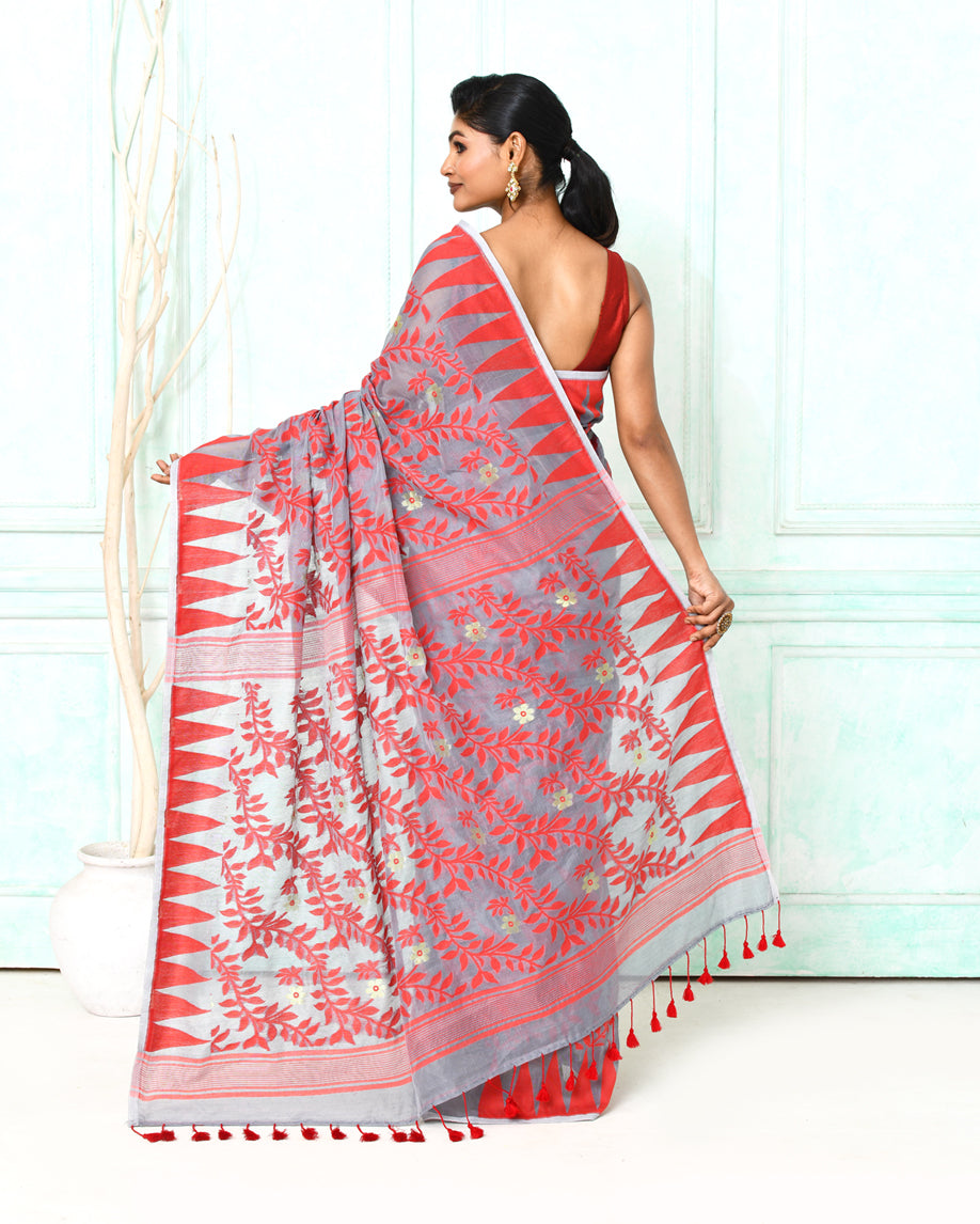 Piyari Fashion Women's Gray Red Cotton Silk Jamdani Saree | Grocsy