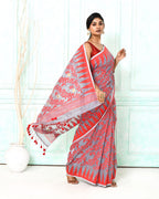 Piyari Fashion Women's Gray Red Cotton Silk Jamdani Saree | Grocsy